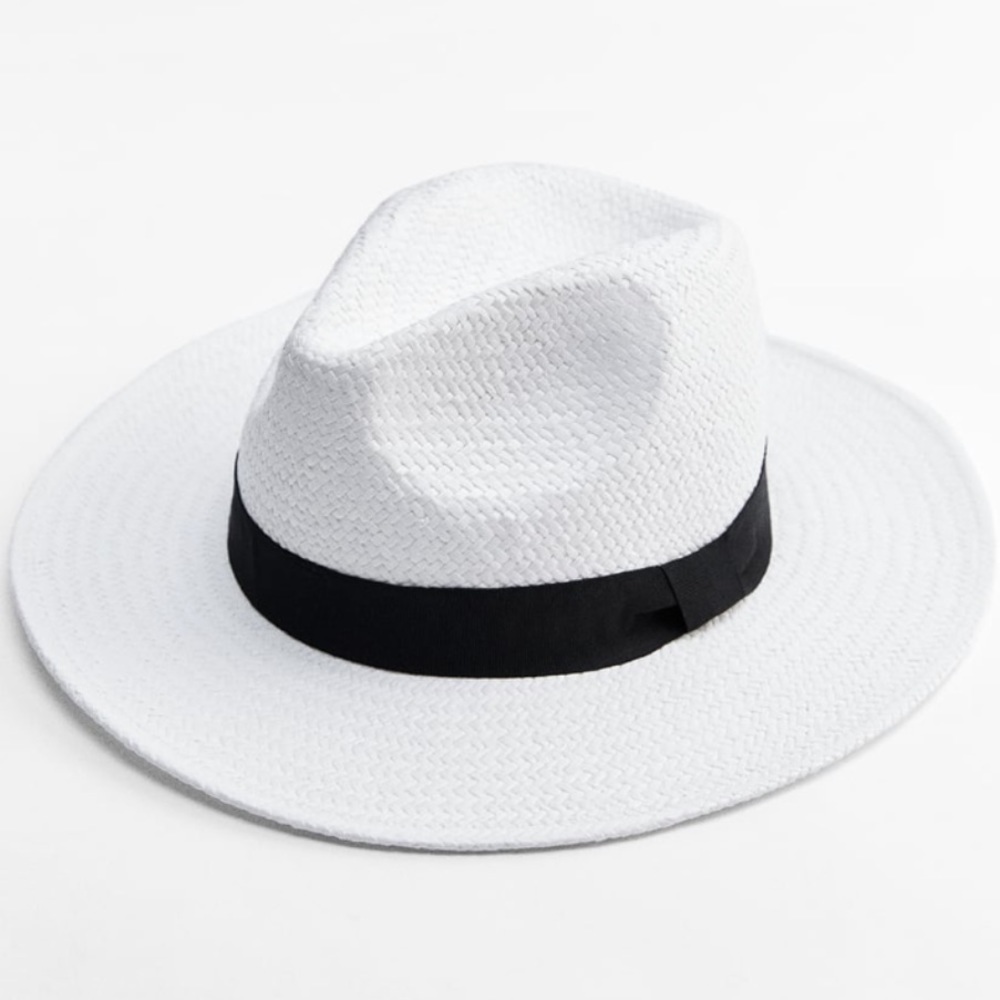 ZARA White Woven Hat with Contrasting Black Band S/M BNWT